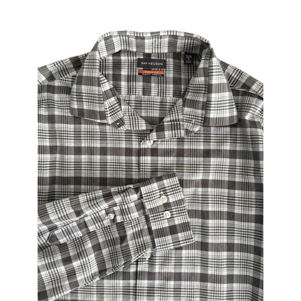 Van Heusen Shirt Mens 15.5 32/33 Gray Plaid Slim Fit Stain Shield Stretch